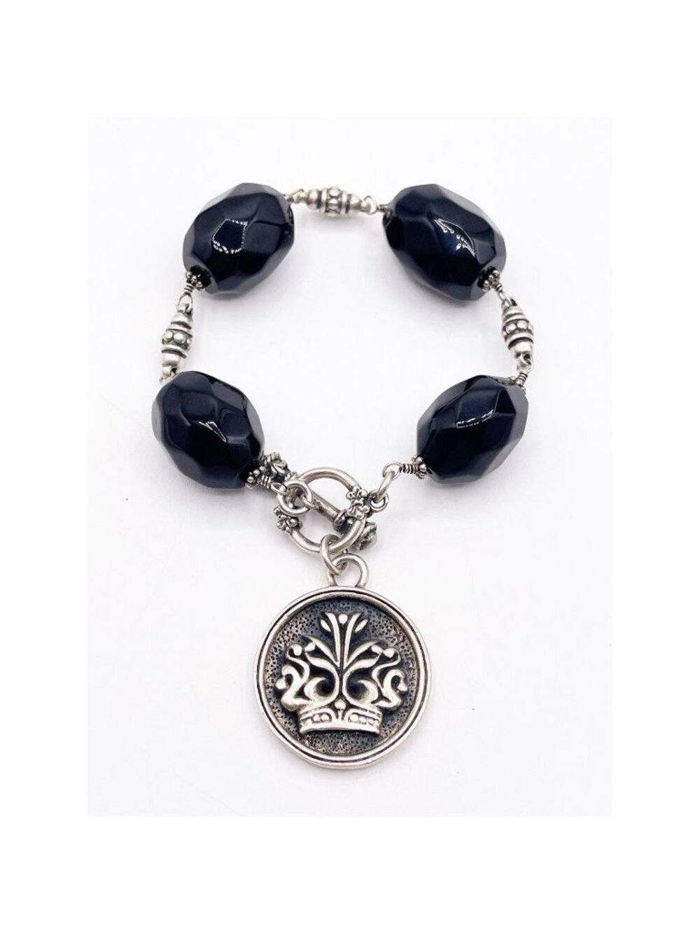 EXEX Claudia Agudelo Sterling Silver Black Onyx Crown Medallion Bracelet 88 Gram